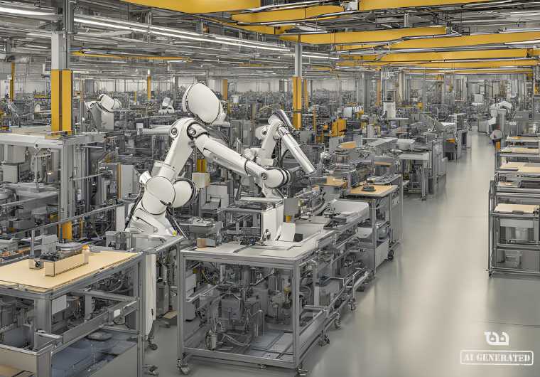Robots assembling parts in a modern factory setting.